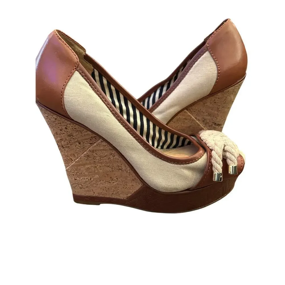 Gianni Bini Women's Brown Trim Cork Rope Platform Wedge Heels Size 6.5